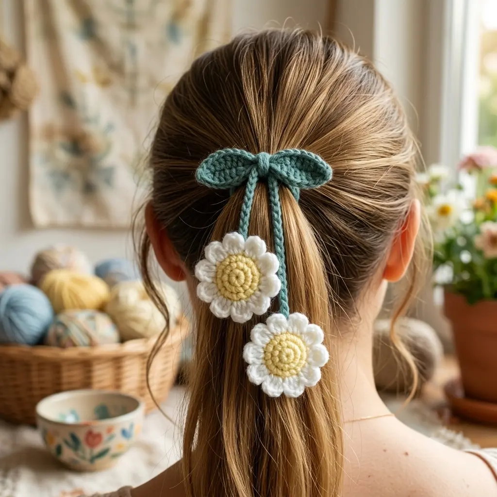 Handmade Daisy Bow Crochet Hair Tie in Sage Green and White