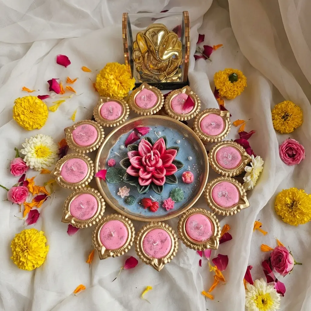 Handcrafted Diwali Candle Gift Set Lotus Urli with 12 Pink Diyas