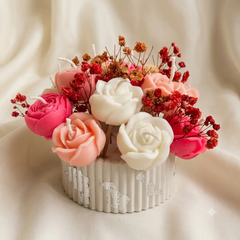 Handcrafted Rose Bouquet Candle Arrangement in Pink and White