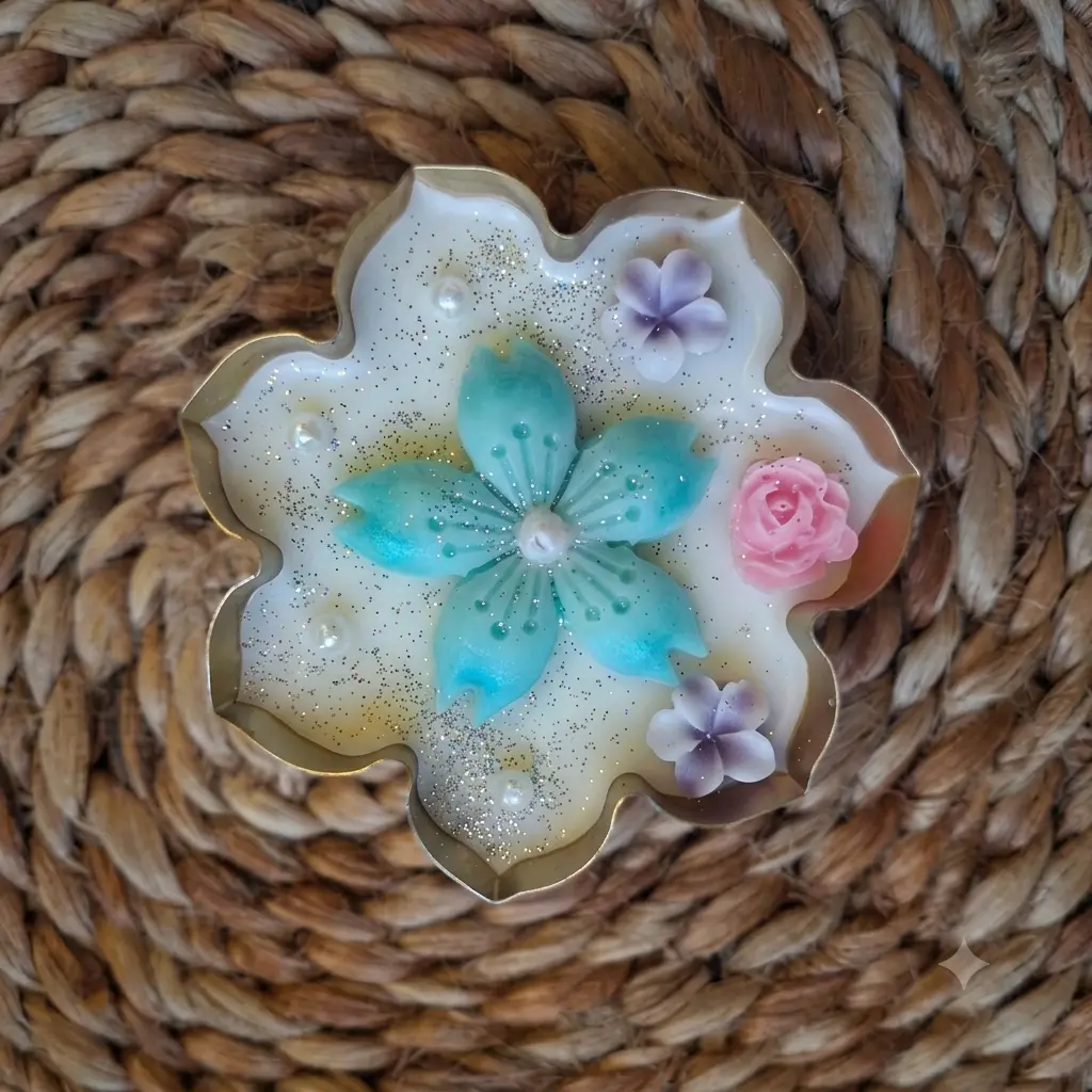 Handcrafted Floral Urli Candle Aqua Bloom with pearls and glitter