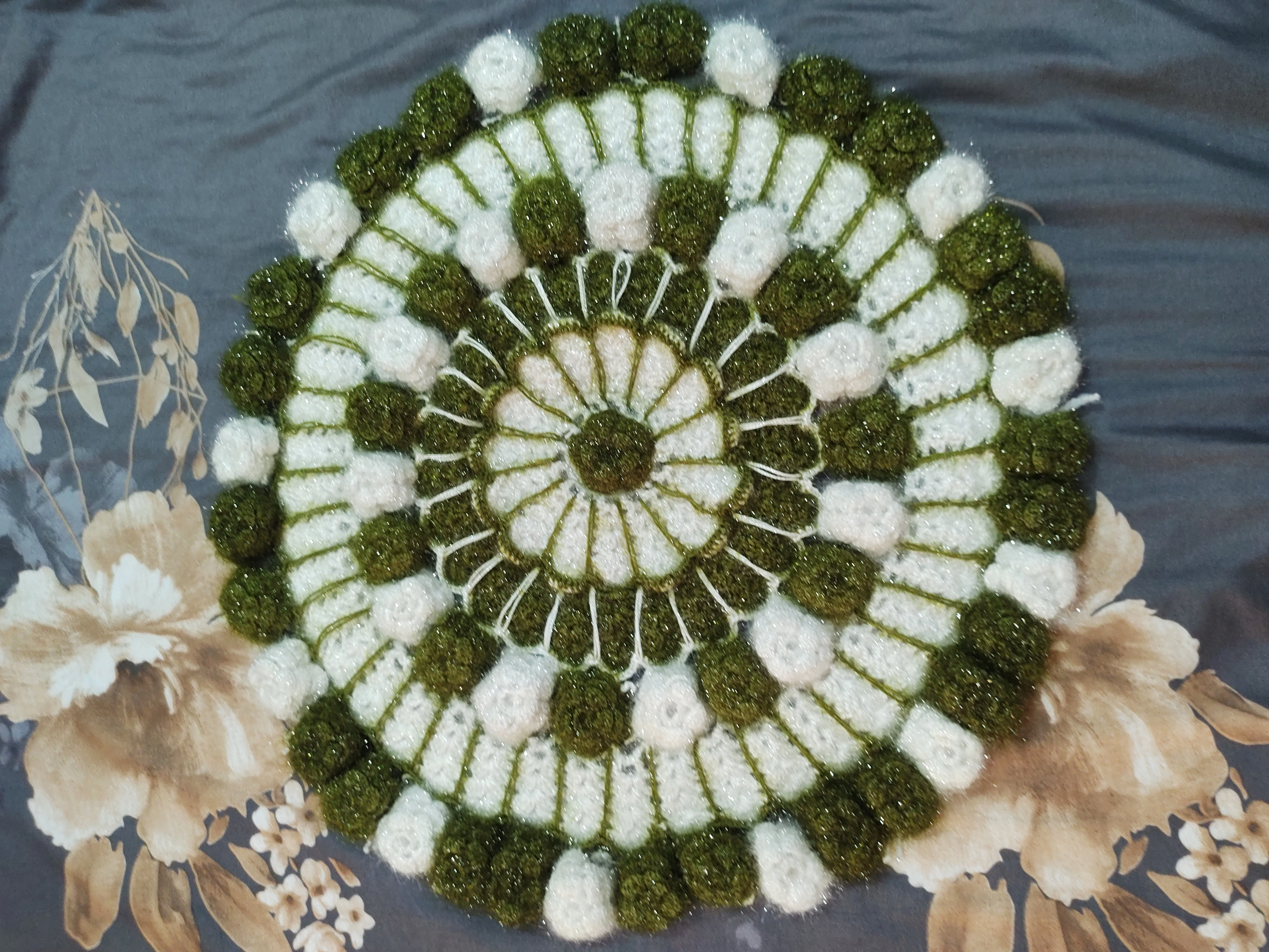Flower Rumal Handcrafted Shining Woolen Thali Cover Olive Green White