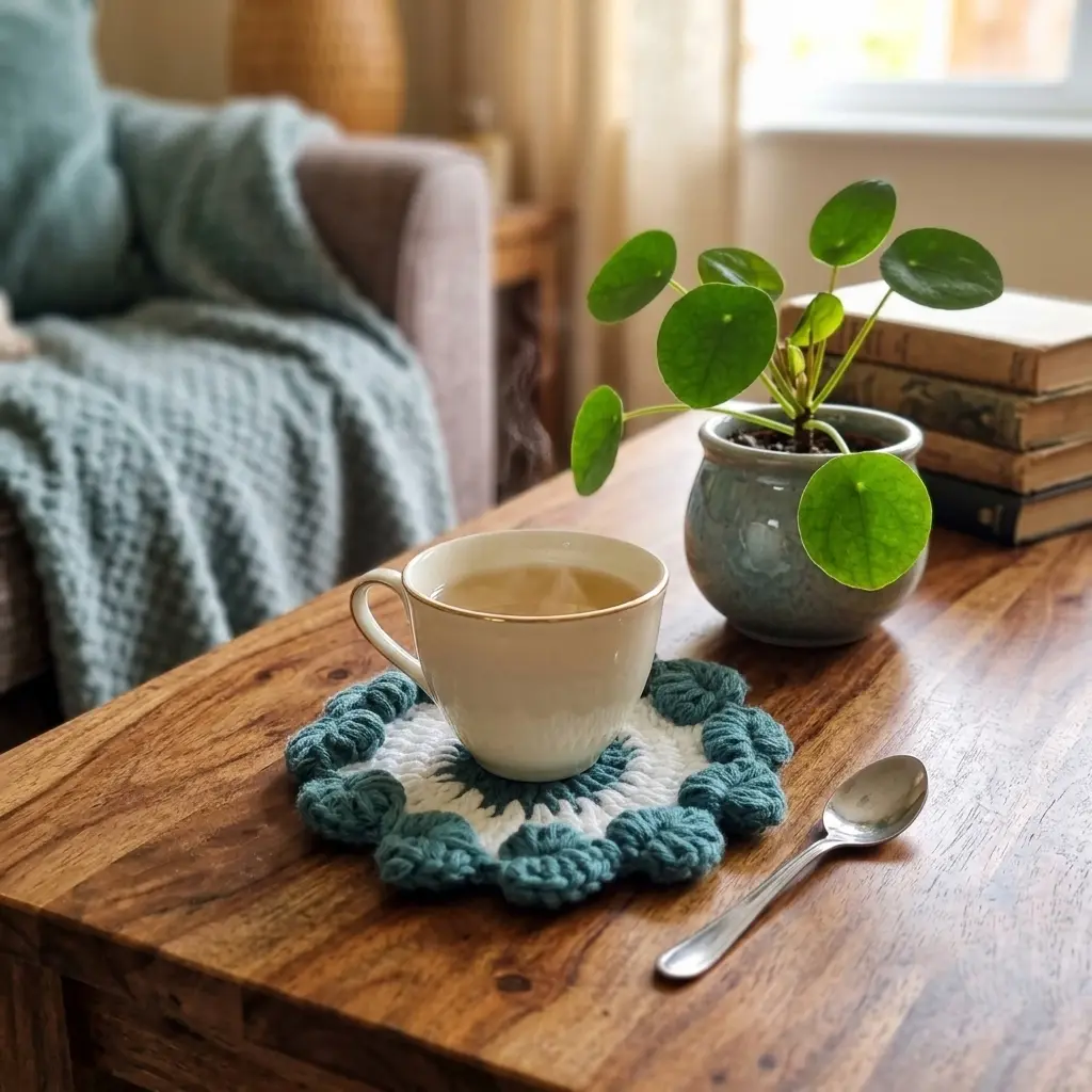 Handmade Heart Border Round Wool Coaster - Crochet Tea and Coffee Coaster