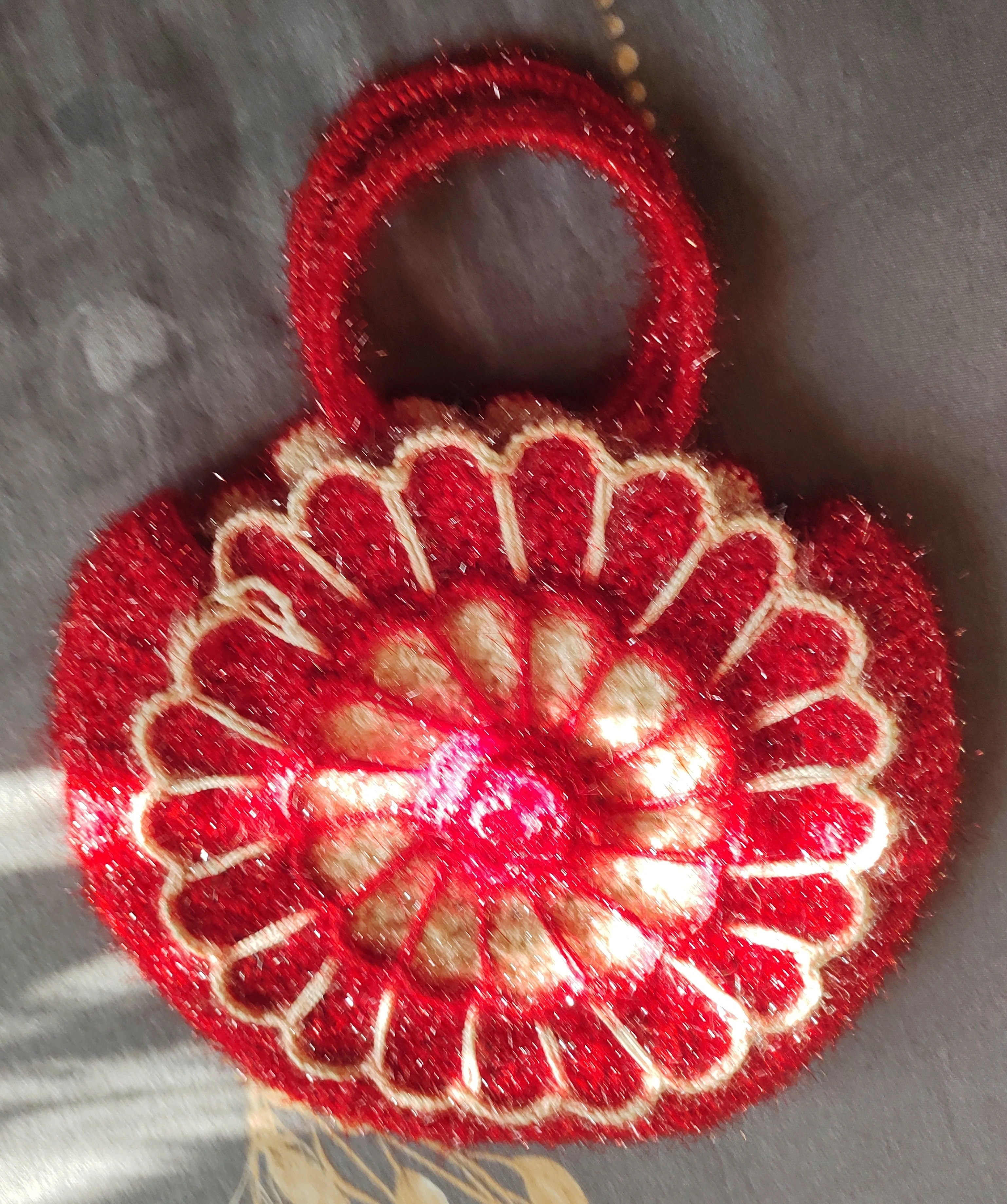Handcrafted Red Cream Round Crochet Woolen Potli Bag