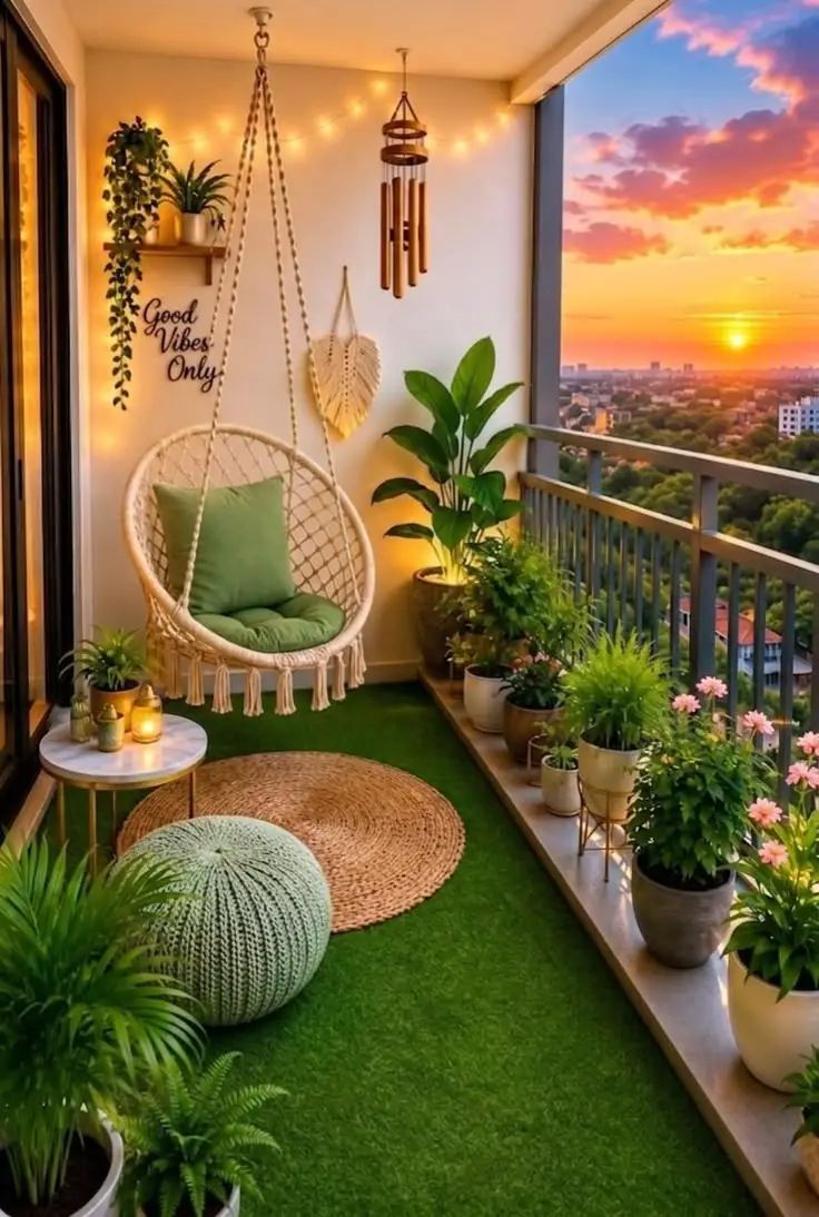 Cozy Boho Balcony Garden at Sunset | Macrame Swing Decor