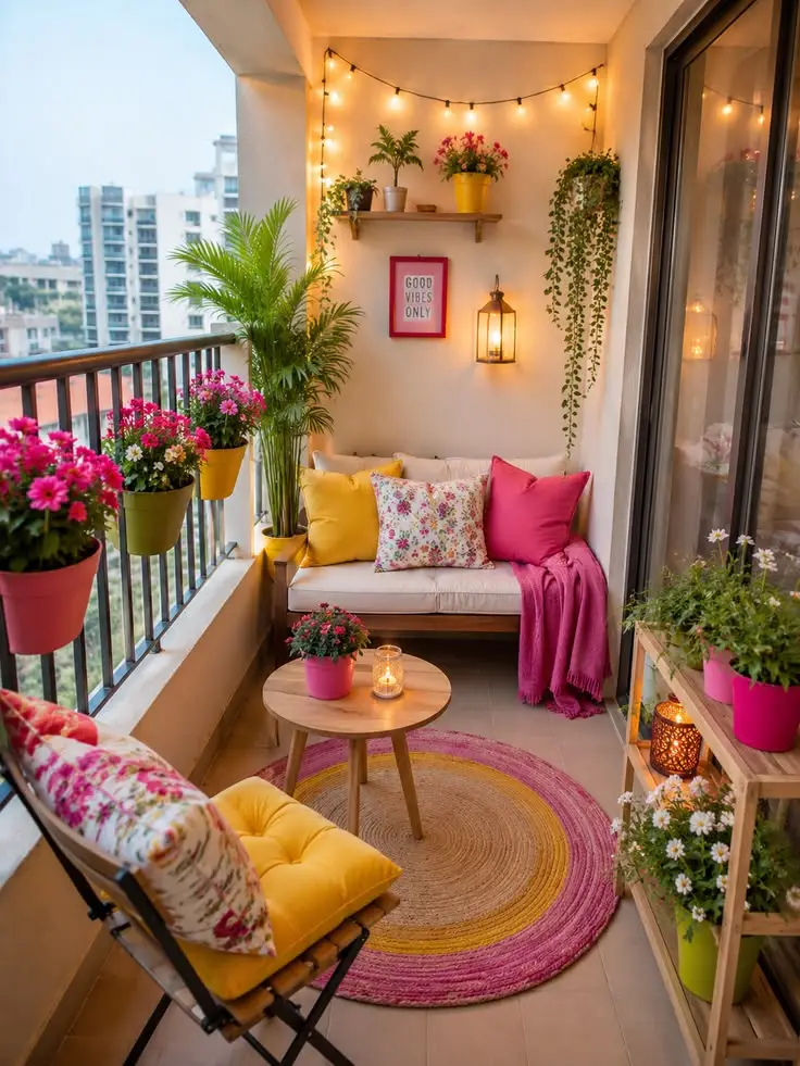 Pink & Yellow Cozy Balcony with Plants and Fairy Lights