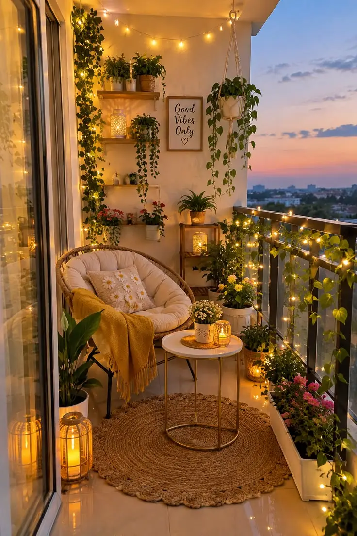 Cozy Sunset Balcony with Tub Chair, Jute Carpet & Fairy Lights