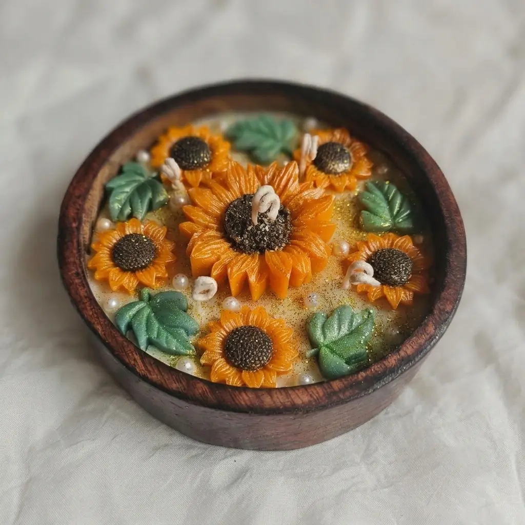 Handcrafted Wooden Bowl Sunflower Candle